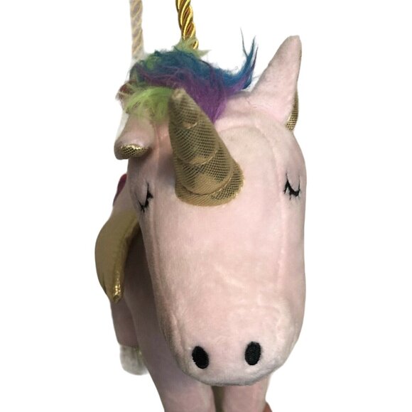 Unicorn Purse Shoulder Bag Plush Pink w/Rainbow Hair Gold Braided Rope Strap ZIp - Picture 2 of 12
